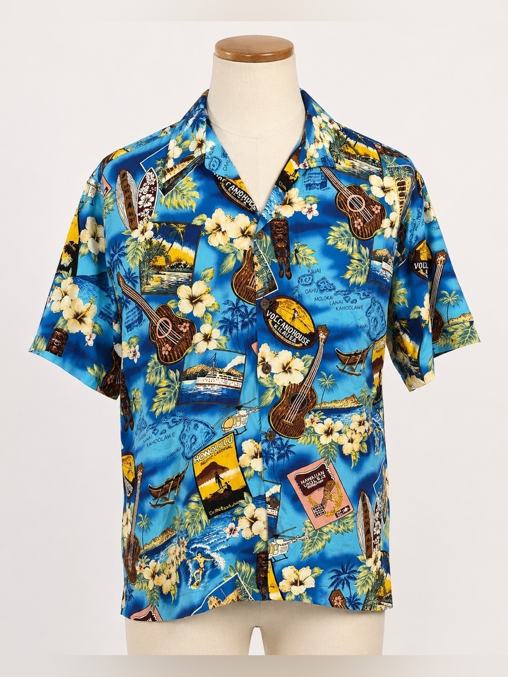 Vintage Palmwave Hawaii Aloha Shirt XL Blue Tropical Surf Ukulele Map Print